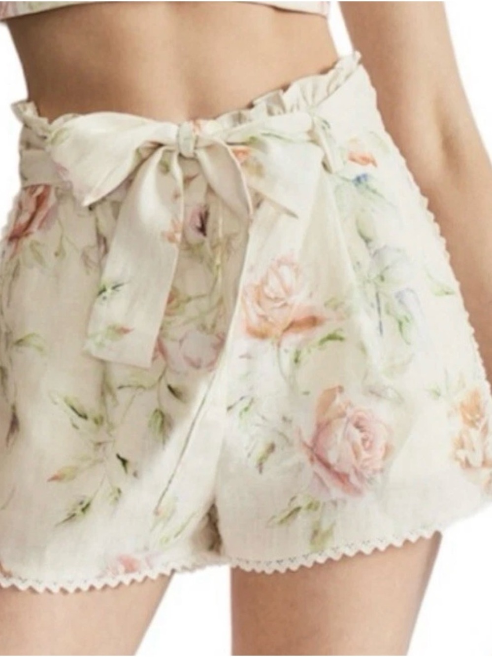 Caroline Constas Floral Linen Blend Belted Shorts Size Large Revolve